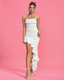 Strappy Asymmetric Ruffle Satin Dress