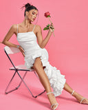 Strappy Asymmetric Ruffle Satin Dress