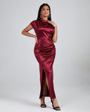 Burgundy High Neck Split Maxi Dress
