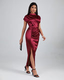 Burgundy High Neck Split Maxi Dress