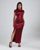 Burgundy High Neck Split Maxi Dress