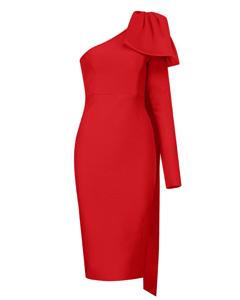 Asymmetrical Bowknot Midi Bandage Dress