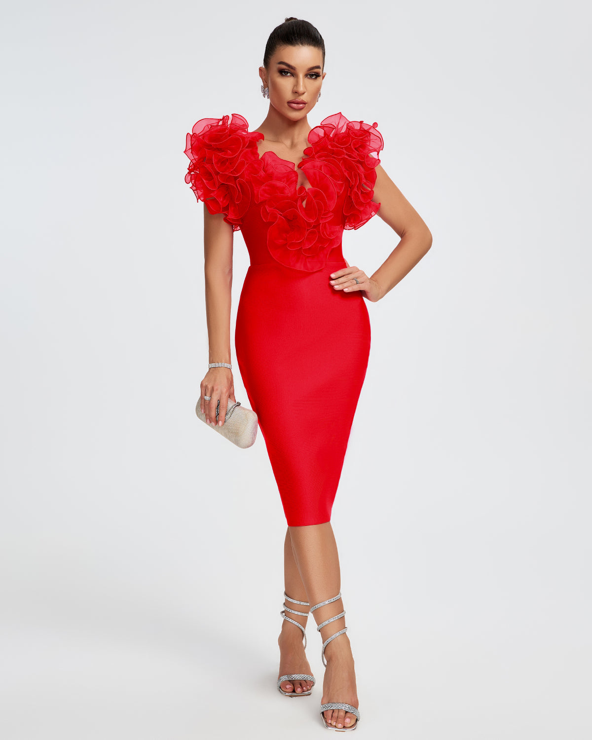 V-neck Ruffle Trim Midi Bandage Dress