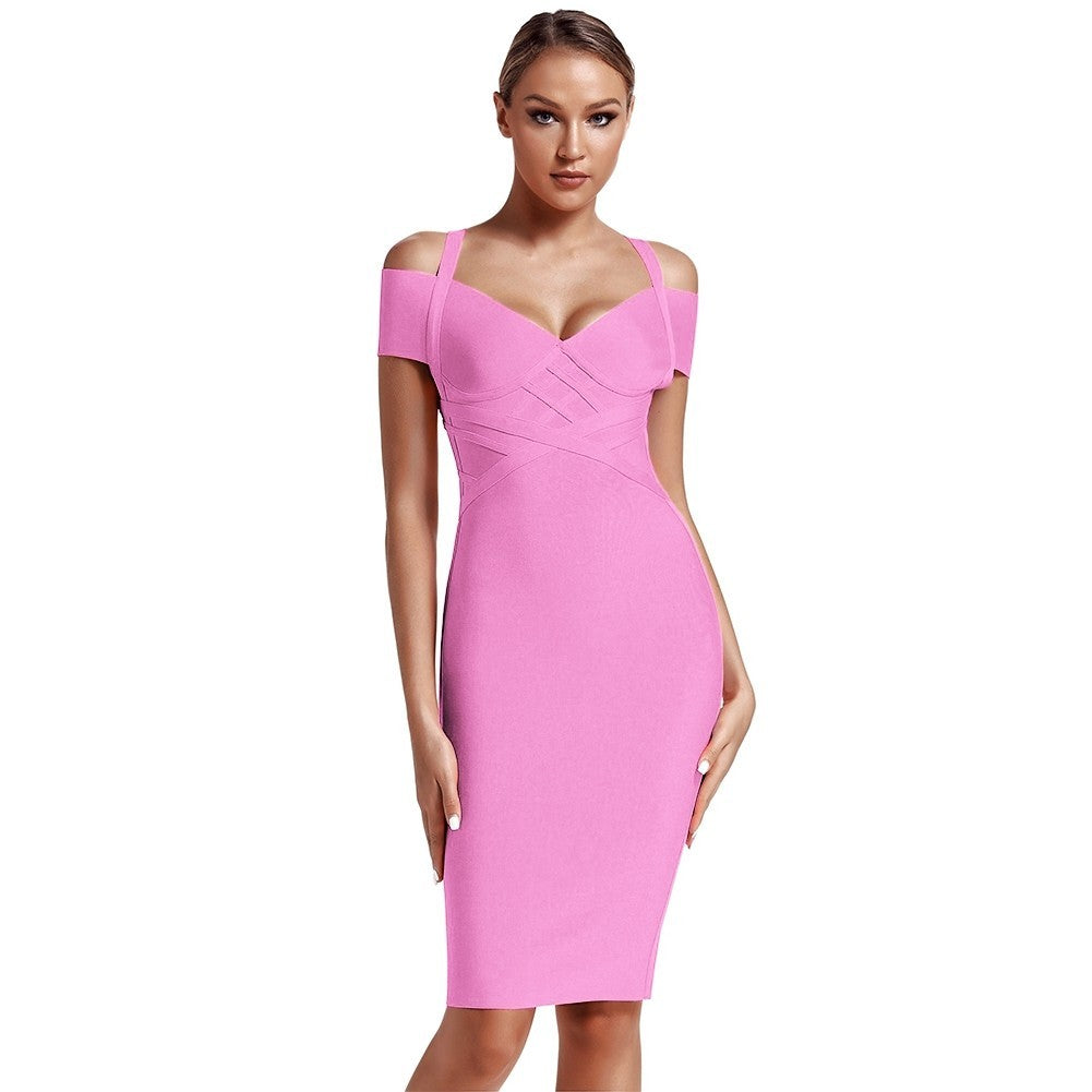 V Neck Mid Sleeve Striped Over Knee Bandage Dress PF19089 46 in wolddress