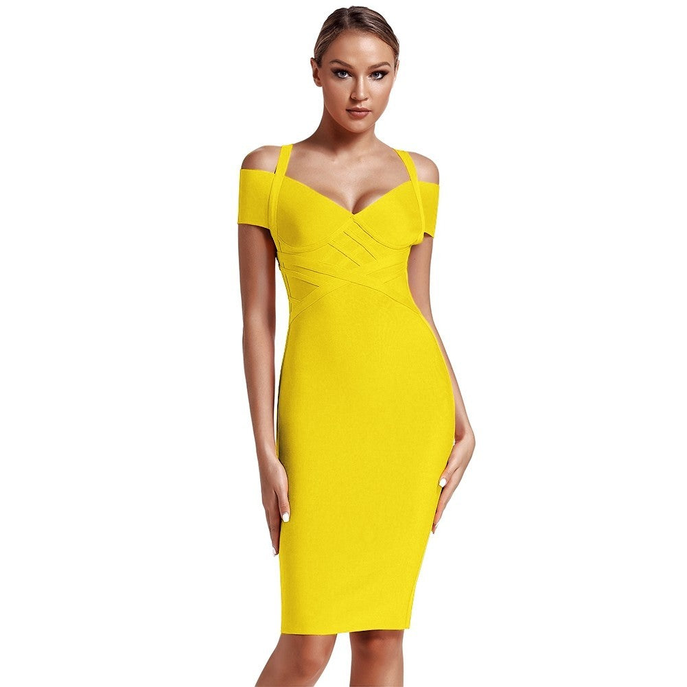 V Neck Mid Sleeve Striped Over Knee Bandage Dress PF19089 1 in wolddress