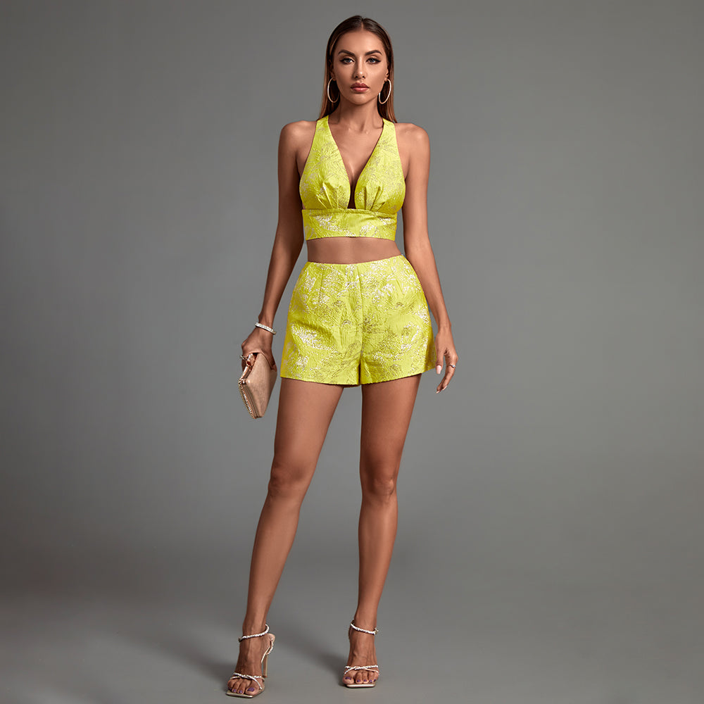 Yellow Jacquard Plunge Neckline Shorts Suit FP22044
