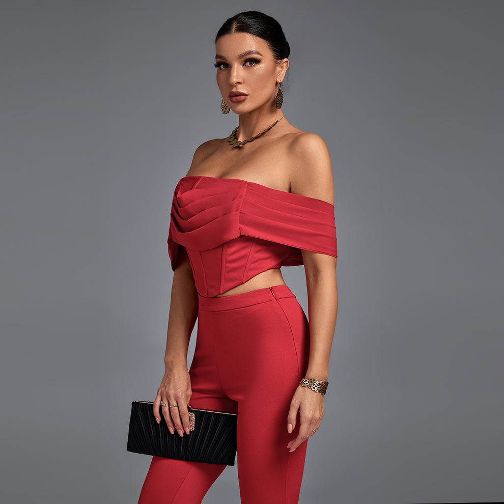 Off Shoulder Short Sleeve Frill Bodycon Set ML0717
