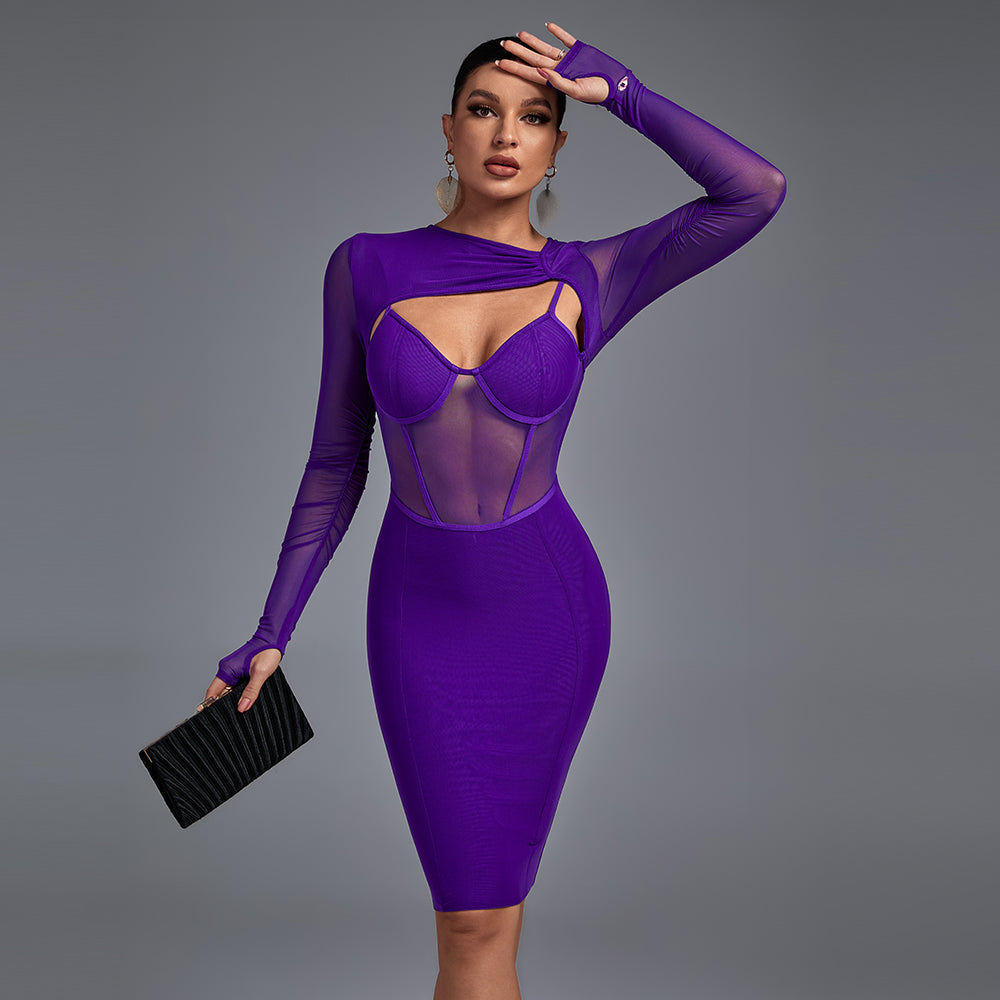 Long Sleeve Cut Out Mesh Bandage Dress PP211028