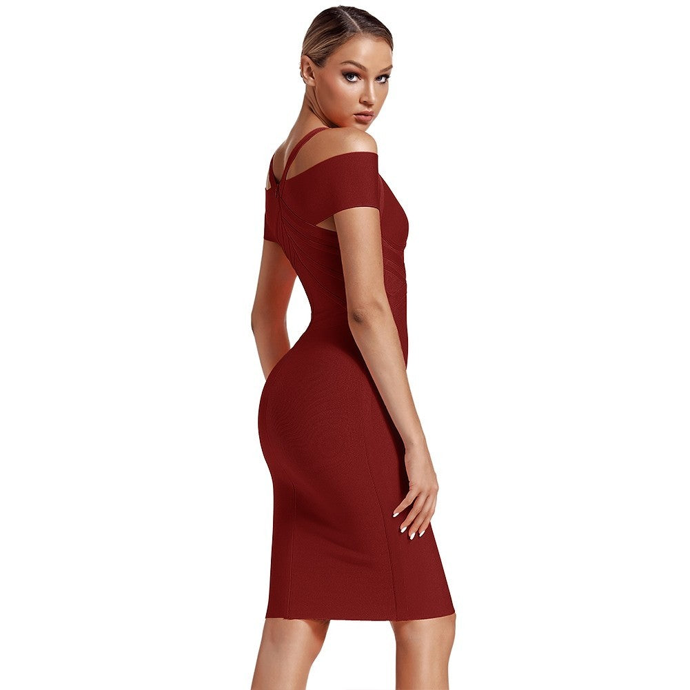 V Neck Mid Sleeve Striped Over Knee Bandage Dress PF19089 12 in wolddress