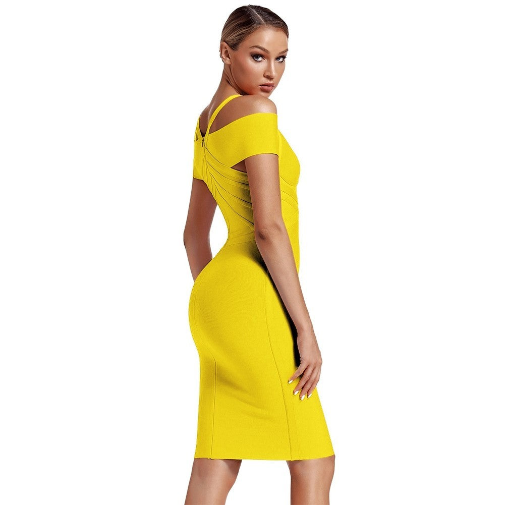 V Neck Mid Sleeve Striped Over Knee Bandage Dress PF19089 2 in wolddress