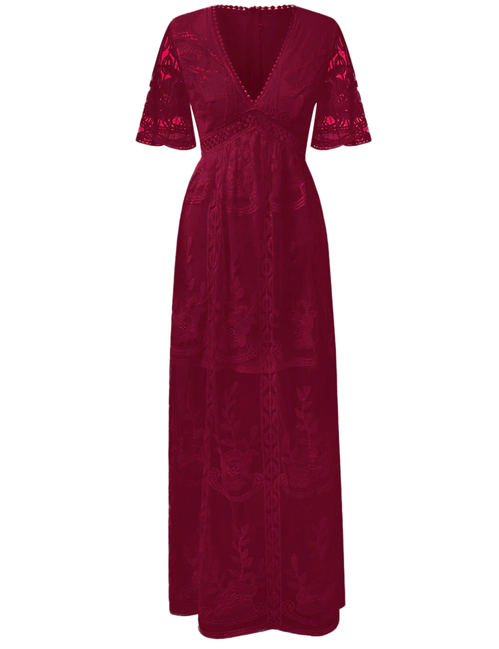 Deep V Neck Short Sleeve Floral Lace Bridesmaid Maxi Dress G4870