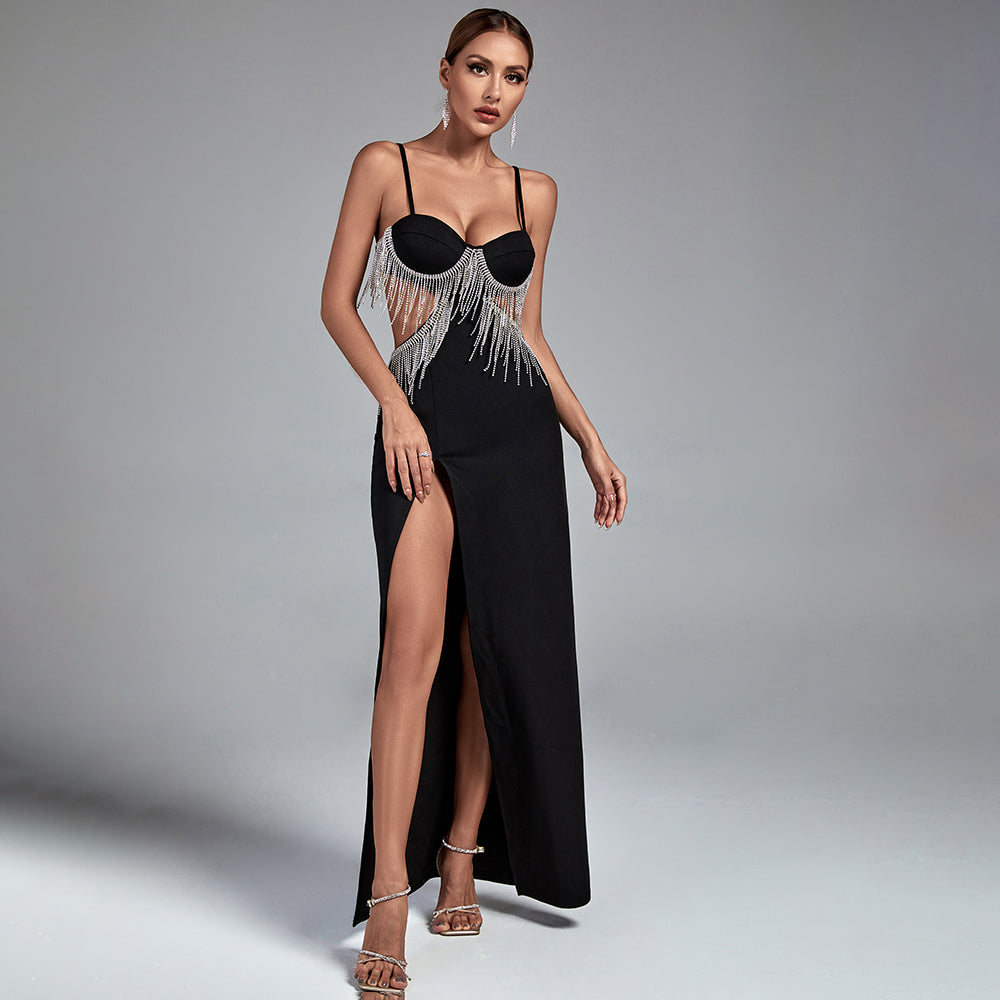 Black Strappy Sleeveless Drill Chain Maxi Bodycon Dress KLYF468