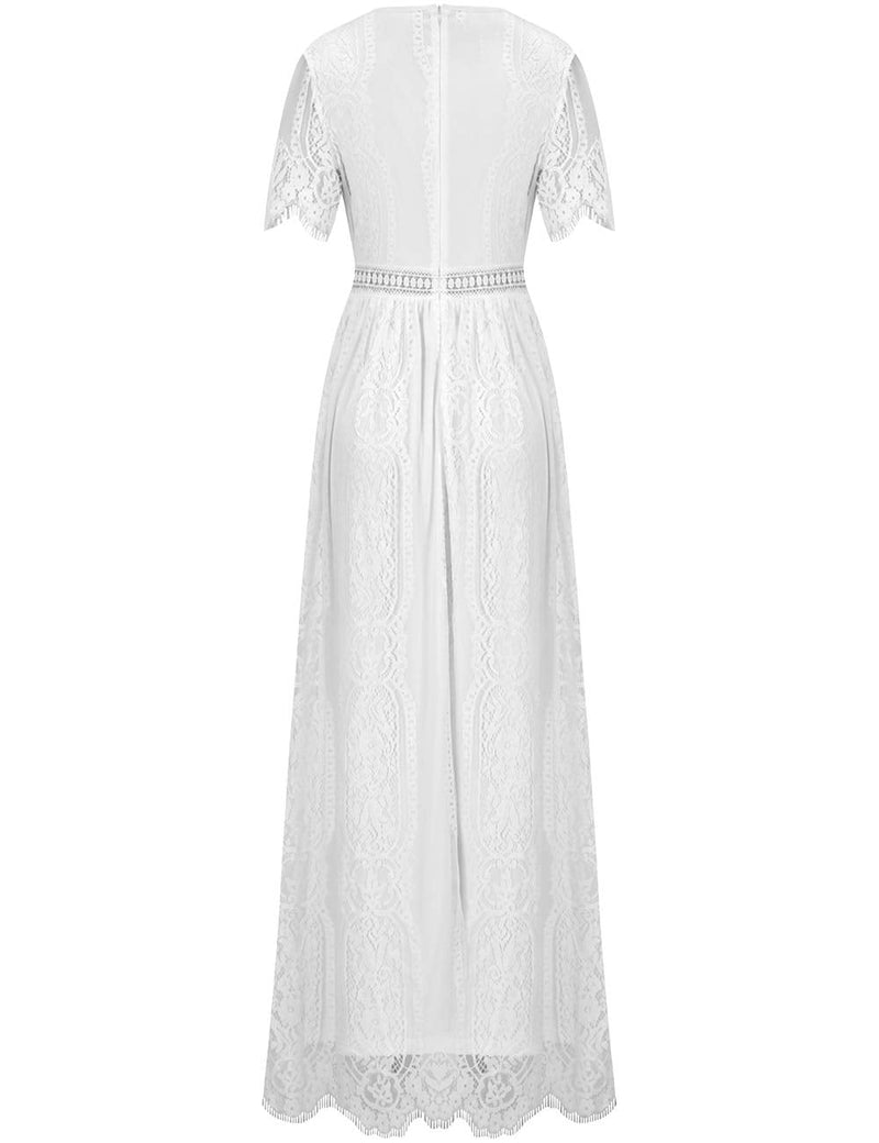 Deep V Neck Short Sleeve Floral Lace Bridesmaid Maxi Dress G4865