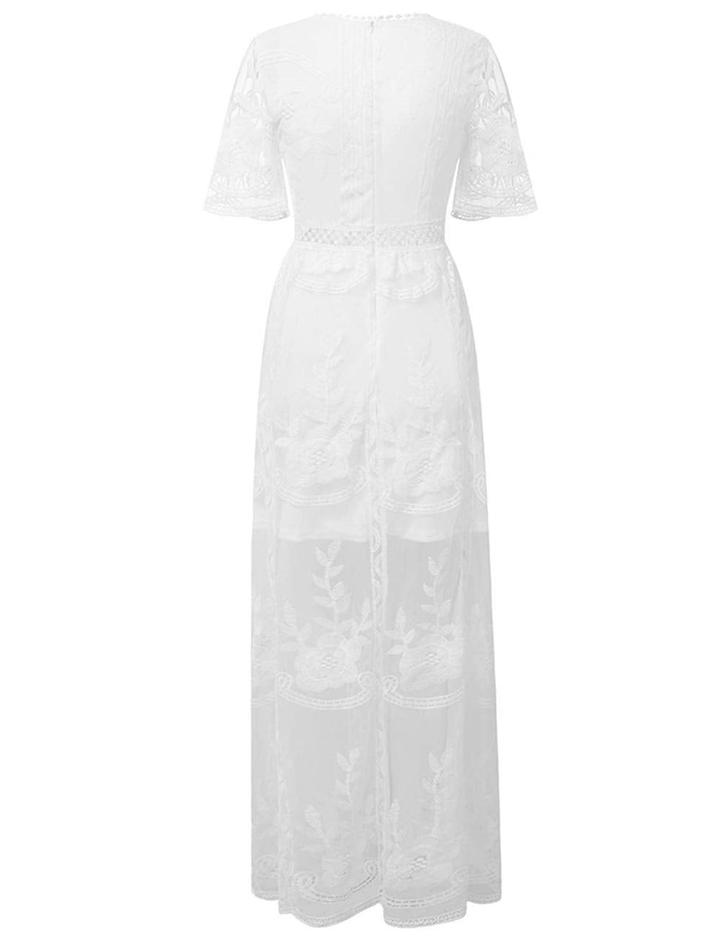 Deep V Neck Short Sleeve Floral Lace Bridesmaid Maxi Dress G4870