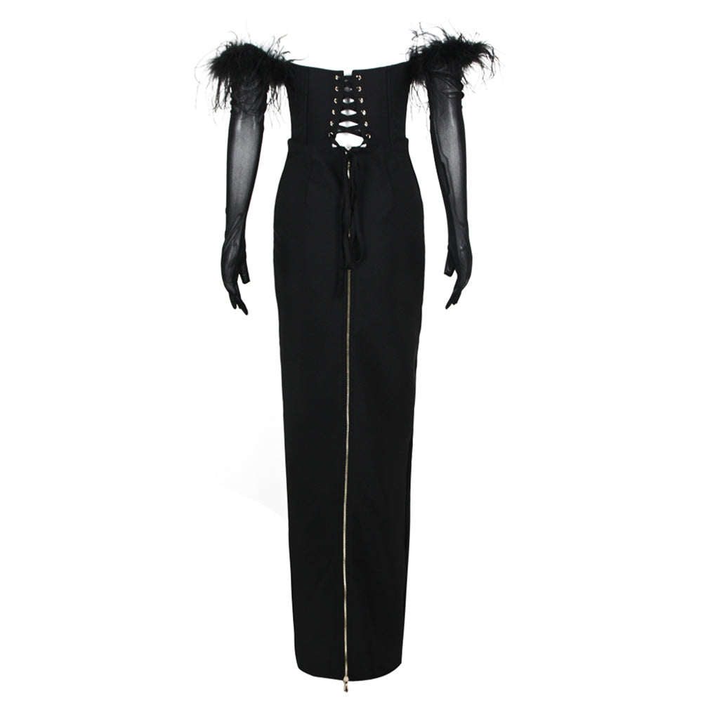 Off Shoulder Long Sleeve Feather Maxi Bandage Dress HL9401