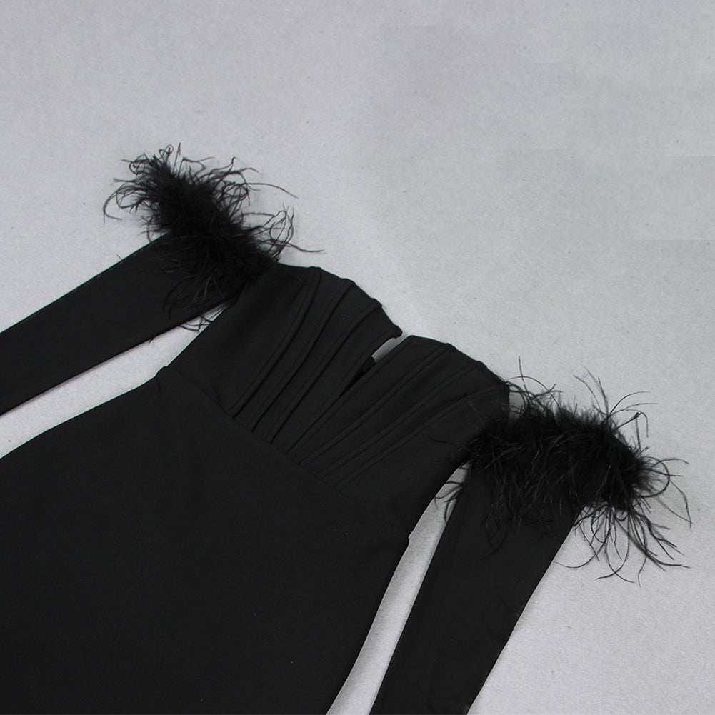Off Shoulder Long Sleeve Feather Maxi Bandage Dress HL9401