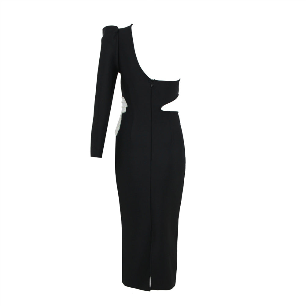 One Shoulder Long Sleeve Pearl Midi Bandage Dress HL9407