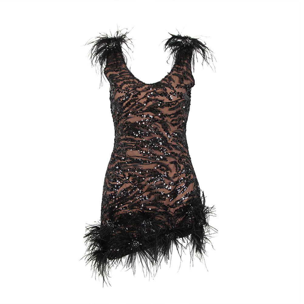 V Neck Sleeveless Sequins Mini Bodycon Dress HL9449