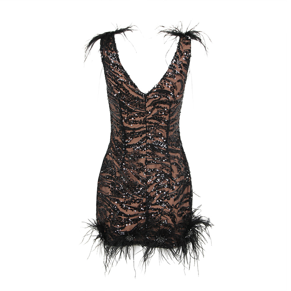 V Neck Sleeveless Sequins Mini Bodycon Dress HL9449