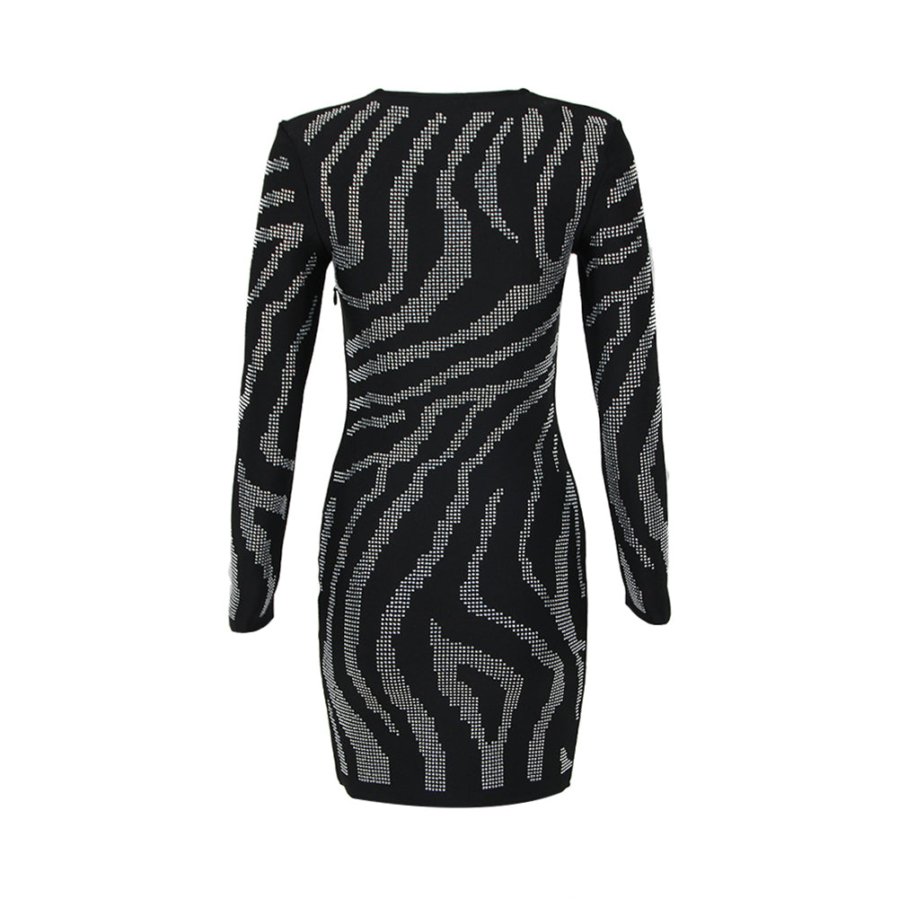 Square Collar Long Sleeve Rhinestone Mini Bandage Dress HL9467