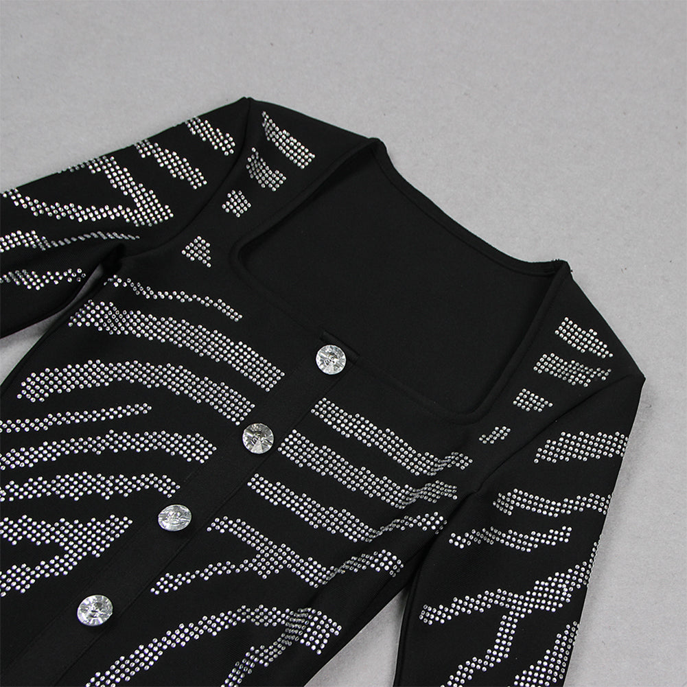 Square Collar Long Sleeve Rhinestone Mini Bandage Dress HL9467