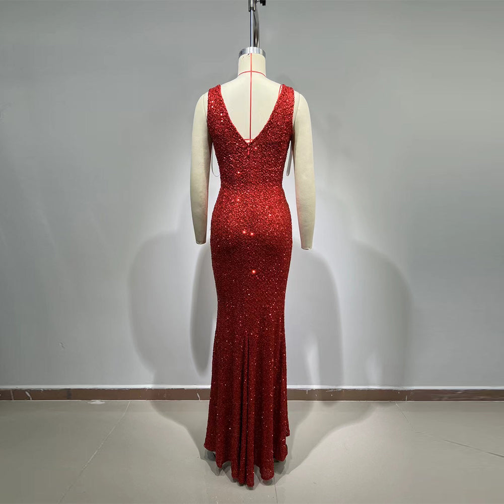 Sleeveless Sequins Maxi Bodycon Dress HT1065