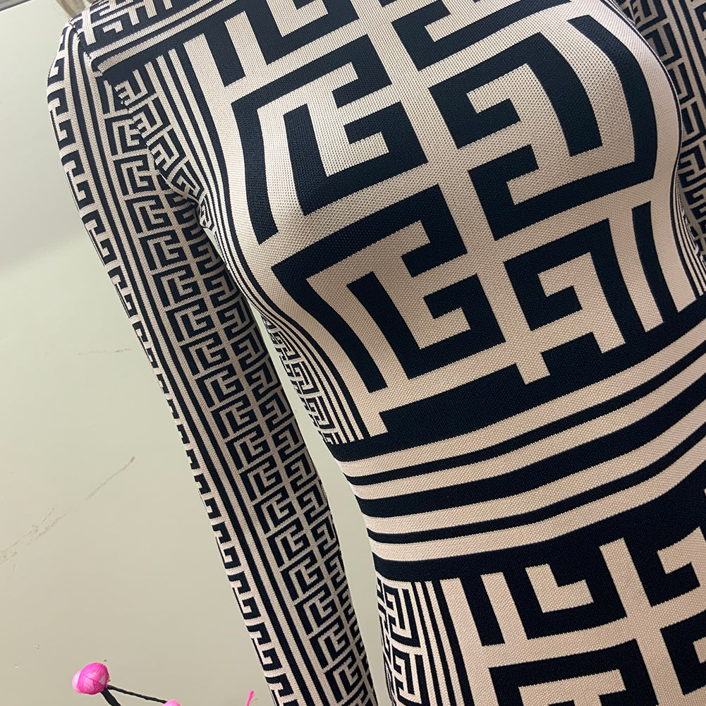 High Neck Long Sleeve Jacquard Mini Bodycon Dress HT3048
