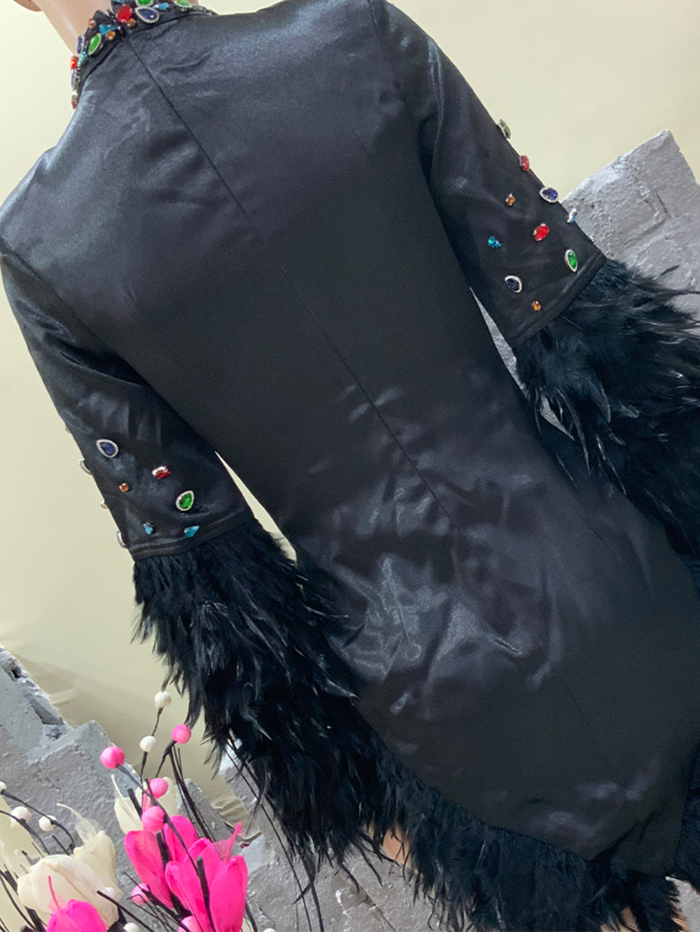 High Neck Long Sleeve Feather Mini Bodycon Dress HT873