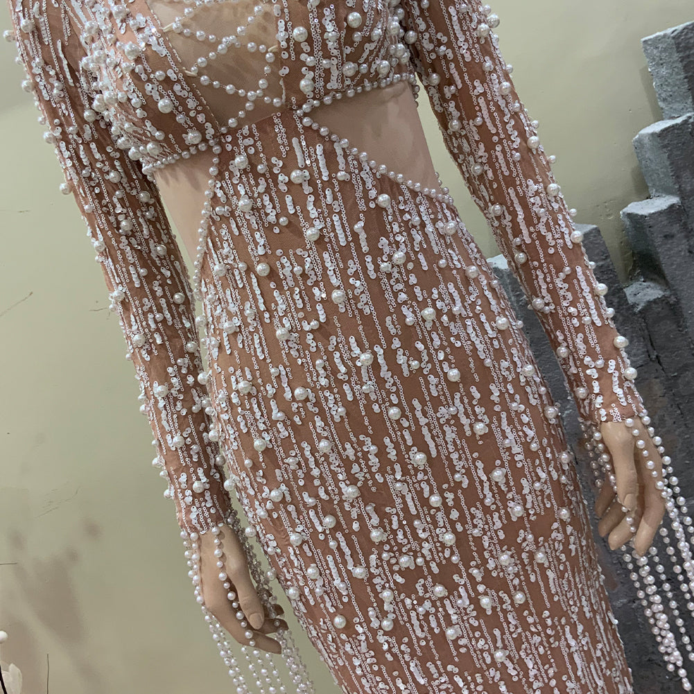 Round Neck Long Sleeve Sequins Maxi Bodycon Dress HT903