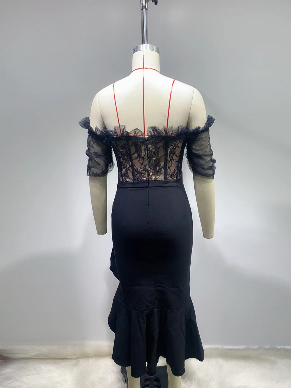 Off Shoulder Mid Sleeve Lace Midi Bodycon Dress HT942