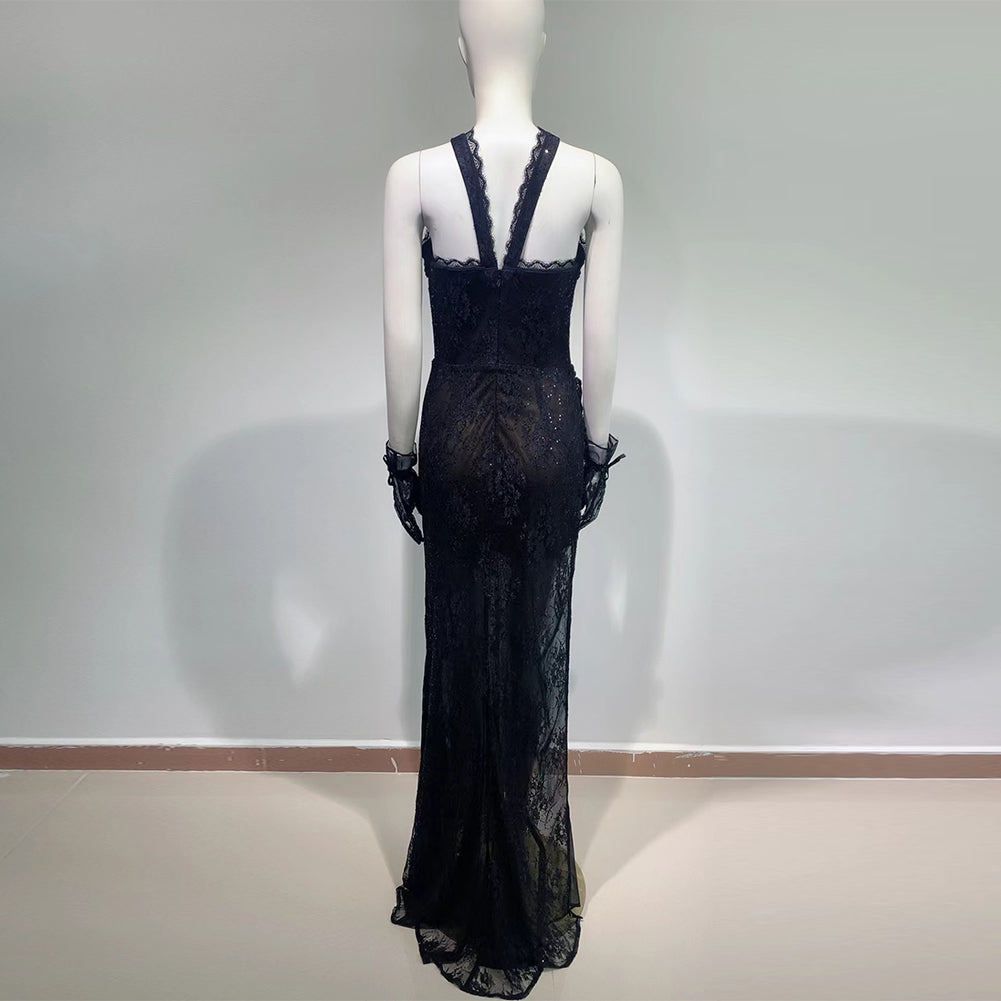 Strappy Sleeveless Lace Maxi Bodycon Dress HT975