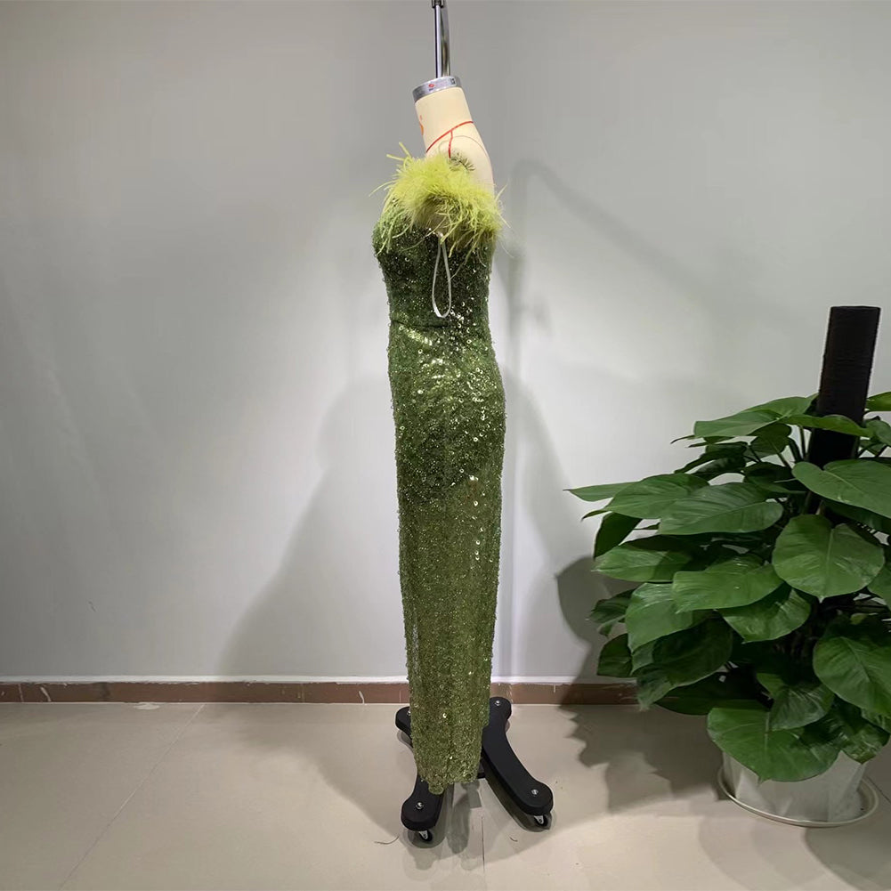 Off Shoulder Sleeveless Sequins Maxi Bodycon Dress HT990