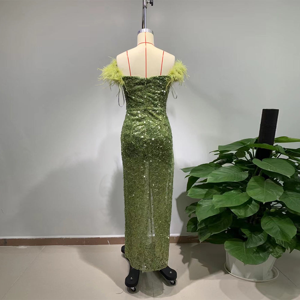 Off Shoulder Sleeveless Sequins Maxi Bodycon Dress HT990