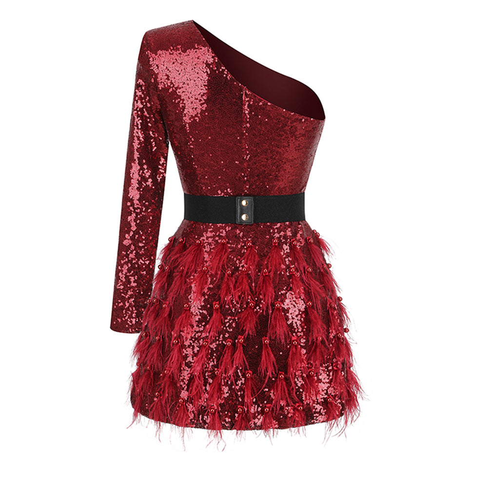 One Shoulder Long Sleeve Sequins Mini Dress KLYF1017