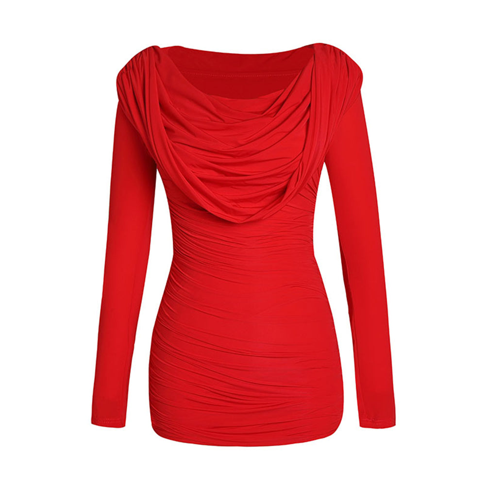 Round Neck Long Sleeve Wrinkled Mini Dress KLYF1027