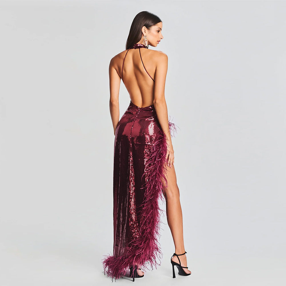 Halter Sleeveless Feather Maxi Dress KLYF1029