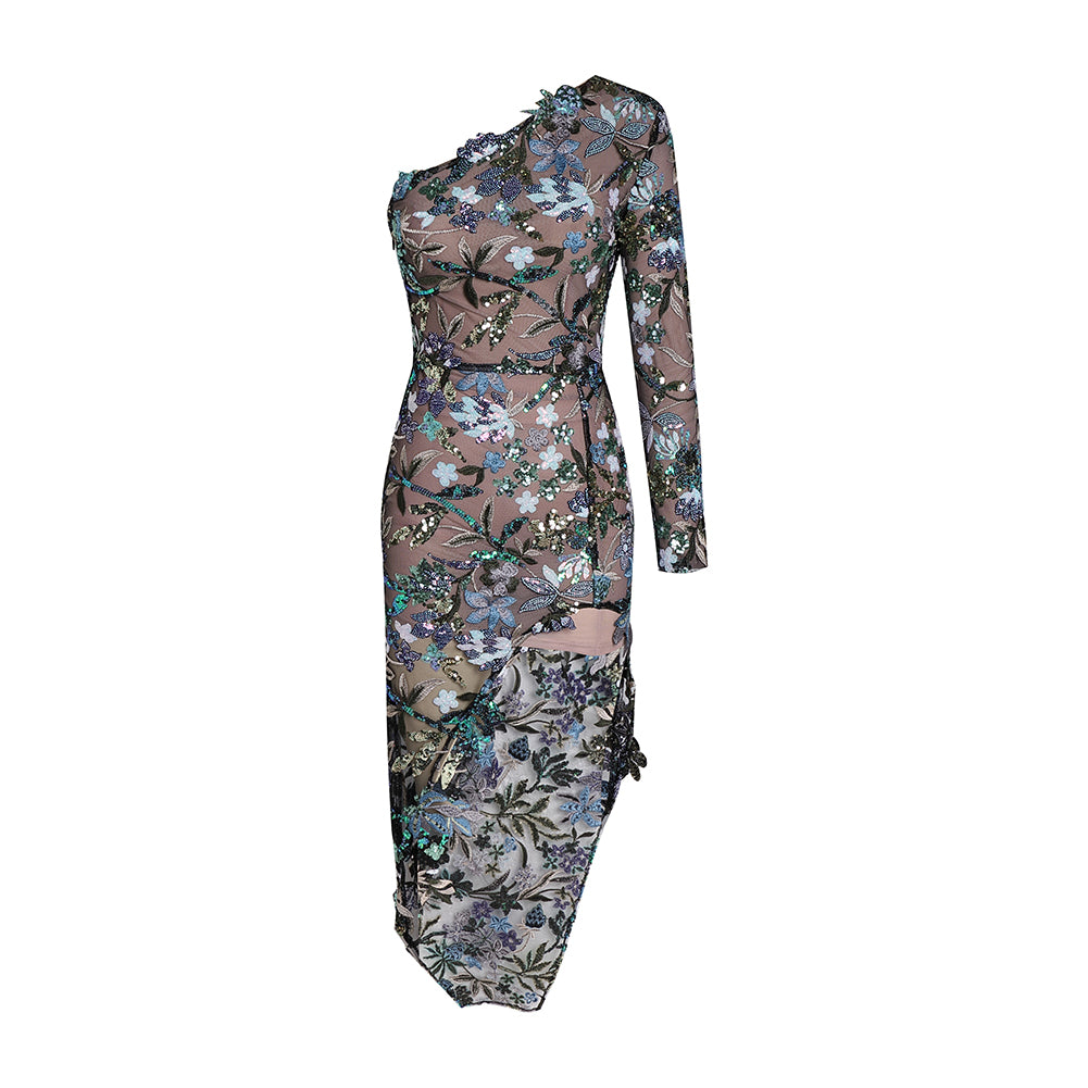 One Shoulder Long Sleeve Sequins Dress KLYF1033