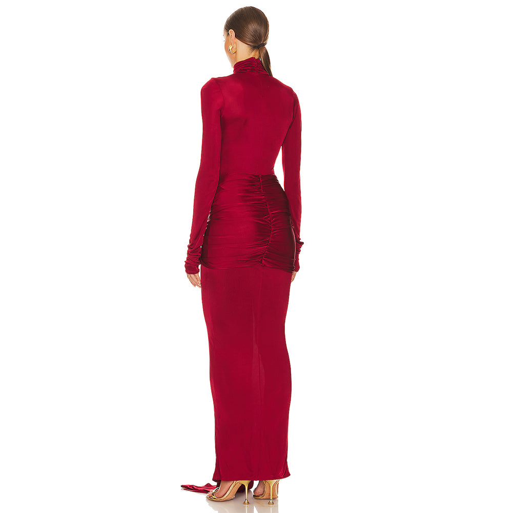 High Neck Long Sleeve Pure Color Maxi Dress KLYF1047