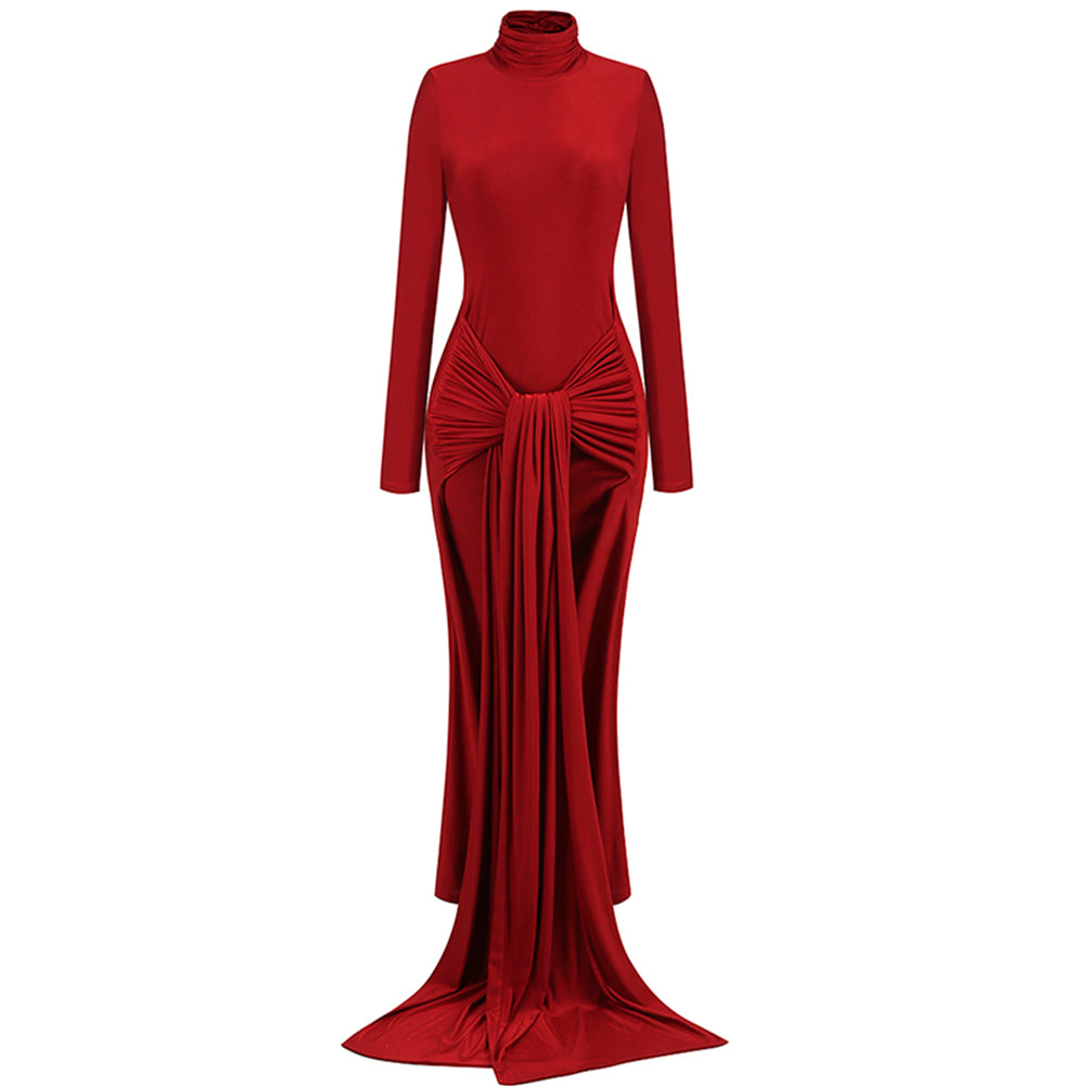 High Neck Long Sleeve Pure Color Maxi Dress KLYF1047