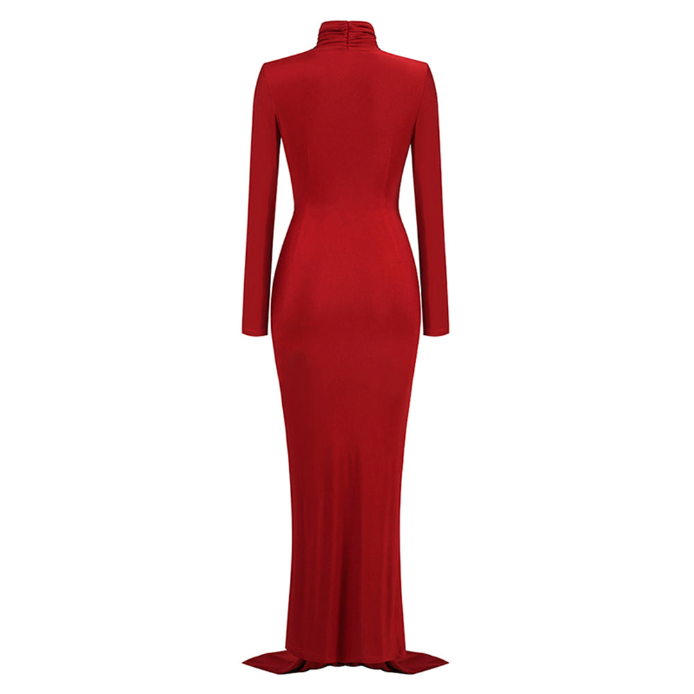 High Neck Long Sleeve Pure Color Maxi Dress KLYF1047