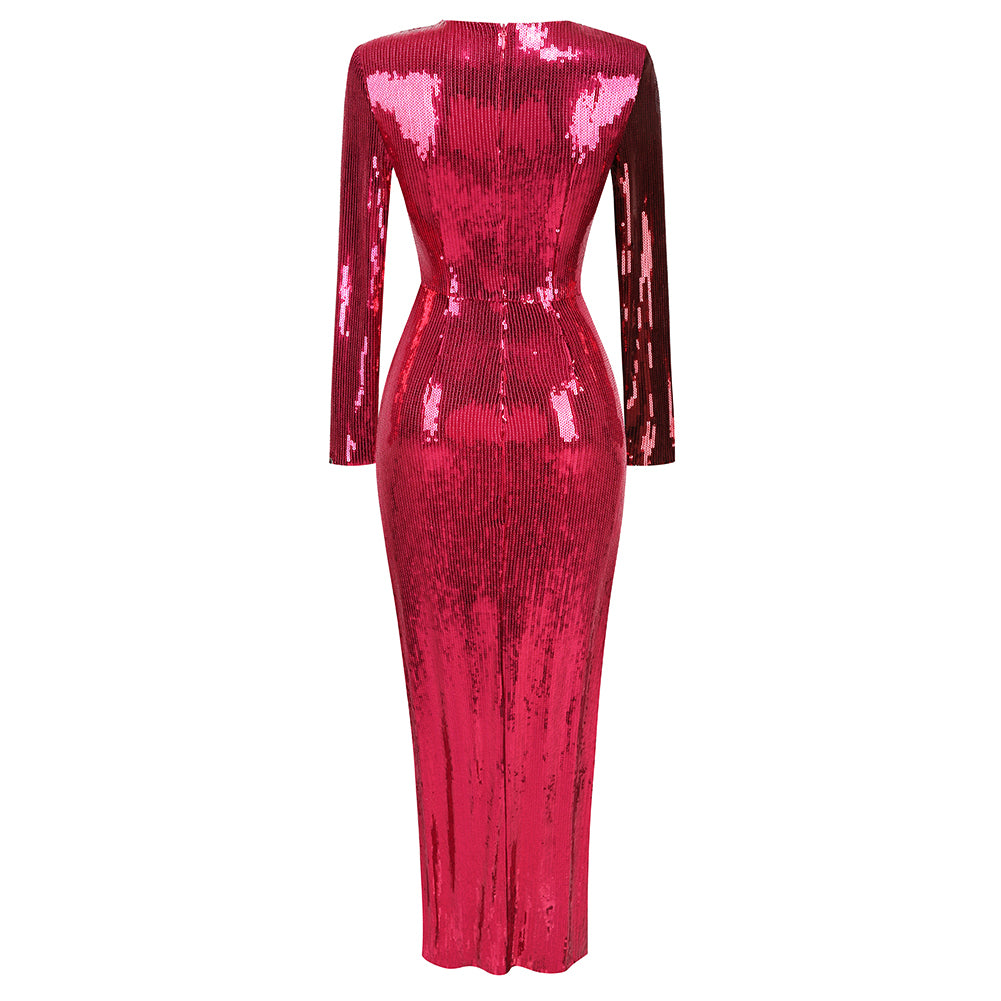 Round Neck Long Sleeve Sequins Maxi Dress KLYF1058