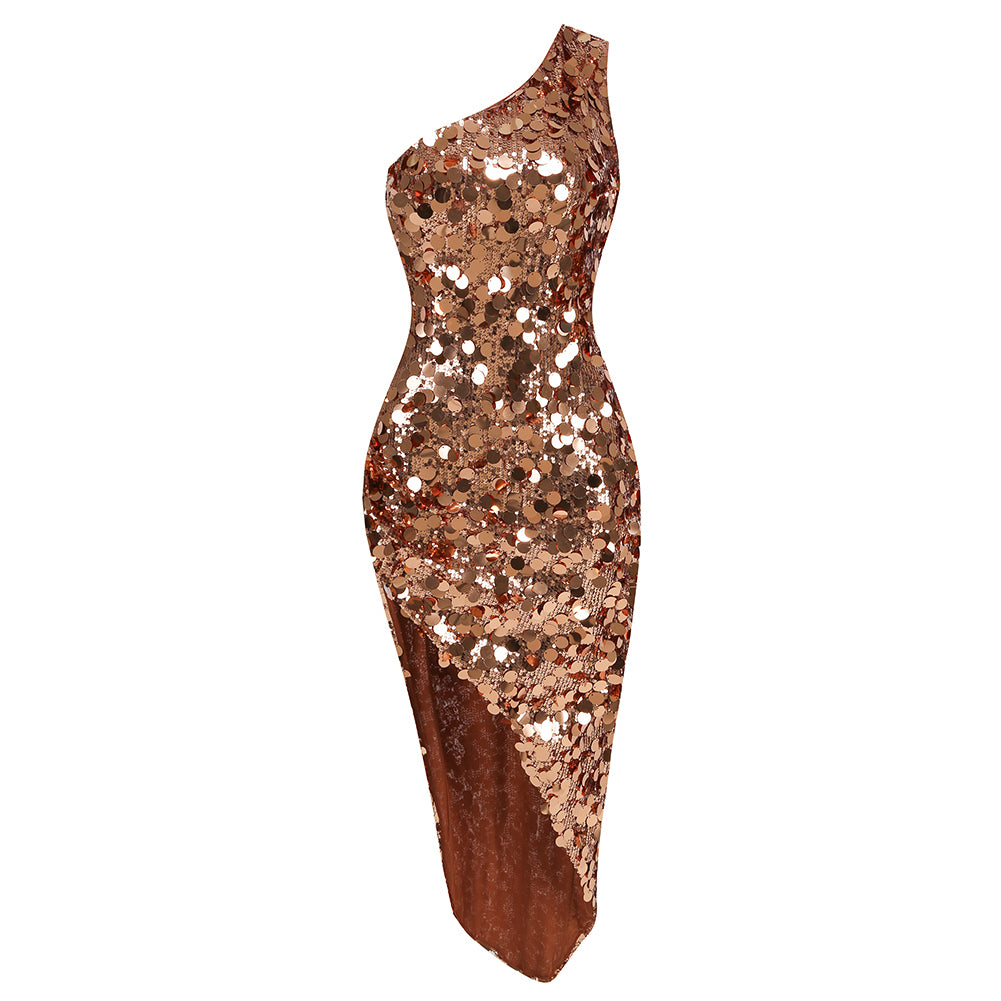 One Shoulder Sleeveless Sequins Maxi Dress KLYF1059