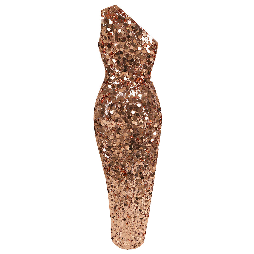 One Shoulder Sleeveless Sequins Maxi Dress KLYF1059