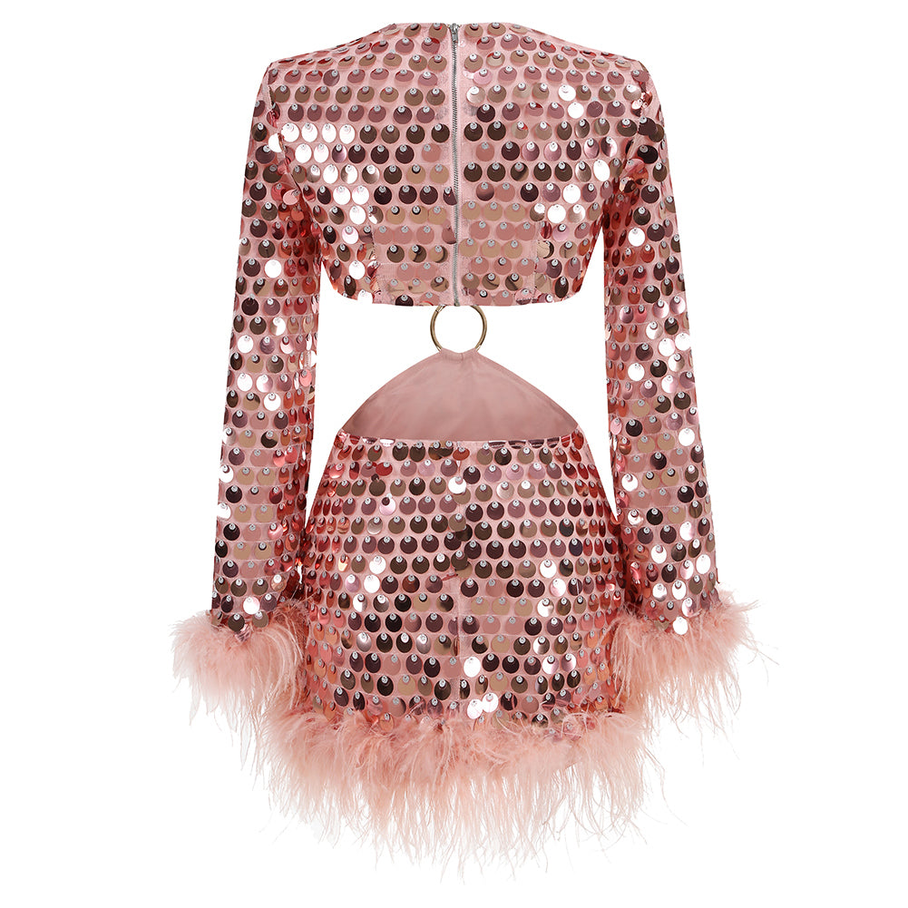 Round Neck Long Sleeve Sequins Mini Dress KLYF843