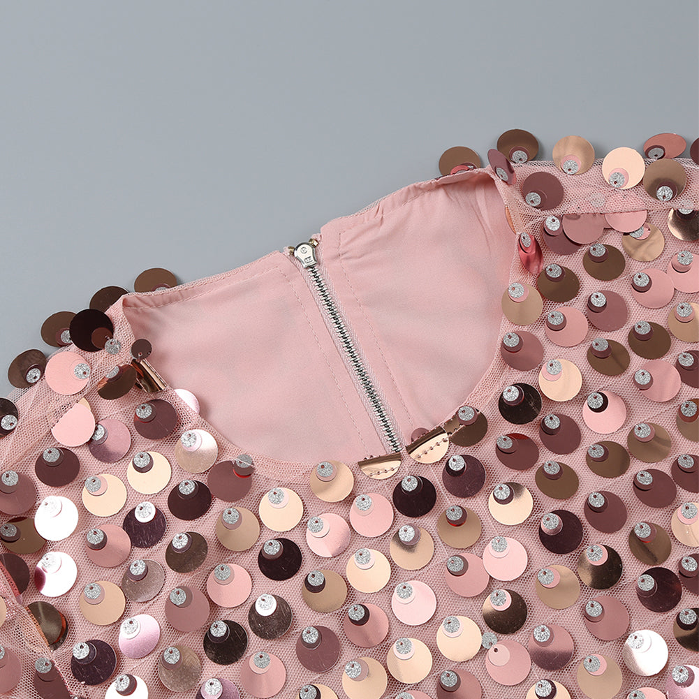 Round Neck Long Sleeve Sequins Mini Dress KLYF843