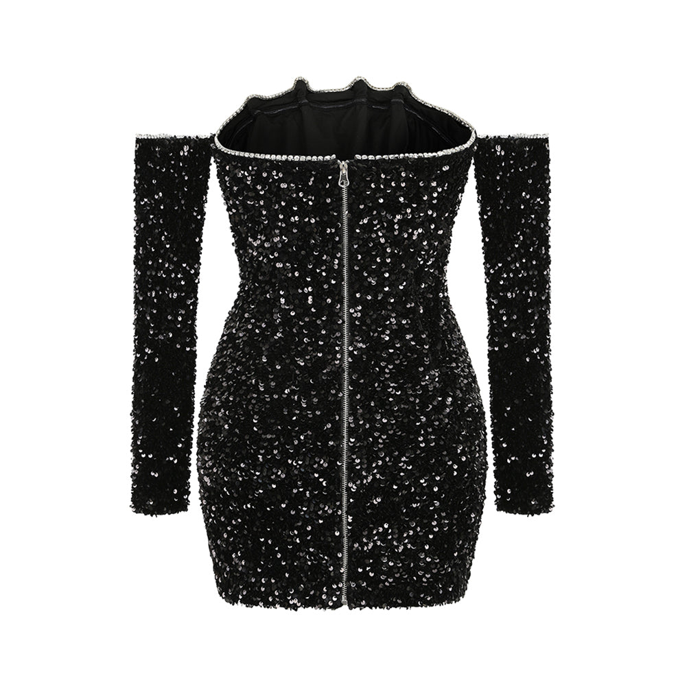 Off Shoulder Long Sleeve Sequins Mini Dress LYF889