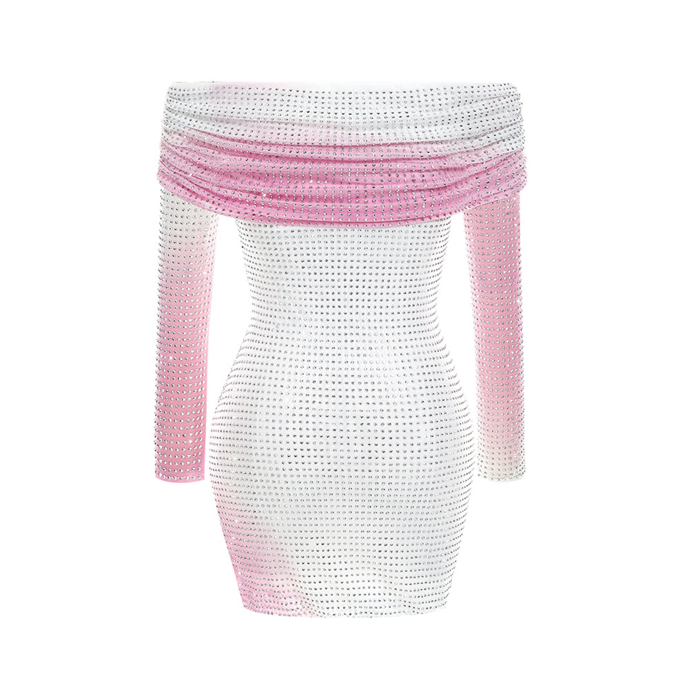 Off Shoulder Long Sleeve Rhinestone Mini Dress KLYF893