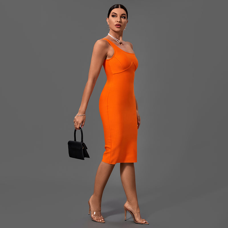 Orange One Shoulder Sleeveless Asymmetrical Midi Bandage Dress PF21422