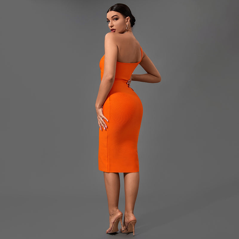 Orange One Shoulder Sleeveless Asymmetrical Midi Bandage Dress PF21422