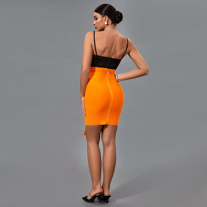 Orange Metal Ornamental Buckle Midi Bandage Skirt PF21825